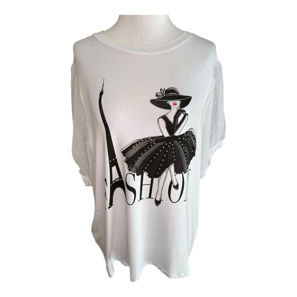 Love & Lace Fashion‎ Paris Graphic Top Sheer Sleeve Blouse White XL